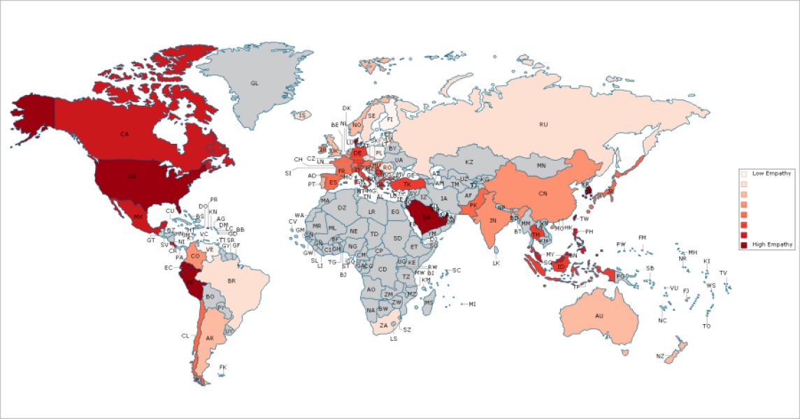 Les pays en rouge foncé ont une grande empathie, tandis que les pays en rose clair sont faibles en empathie. Les pays en gris ne sont pas étudiés en raison de la petite taille de l'échantillon. (Source Michigan University)